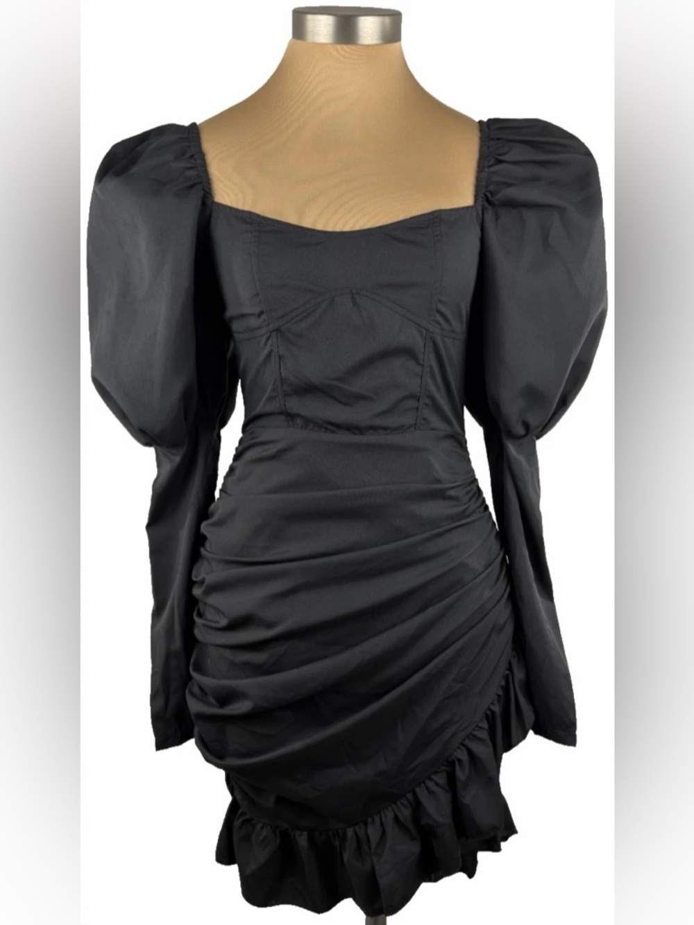 PrettyLittleThing Women 4 Mini Dress Black Ruched Bodycon Ruffle Puff Sleeve New